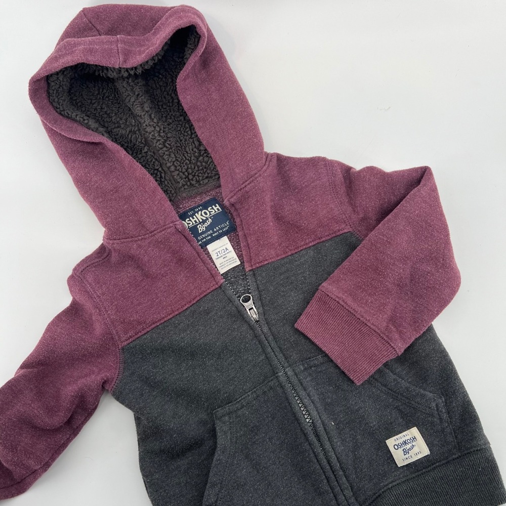 OshKosh B'gosh Toddler 2T Sherpa Lined Hoodie Jacket Burgundy Gray Full Zip‎